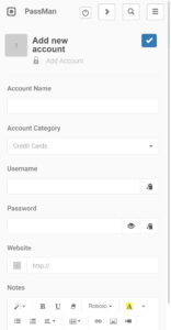 Passman - Password Manager Mobile Add New Account Page Screenshot